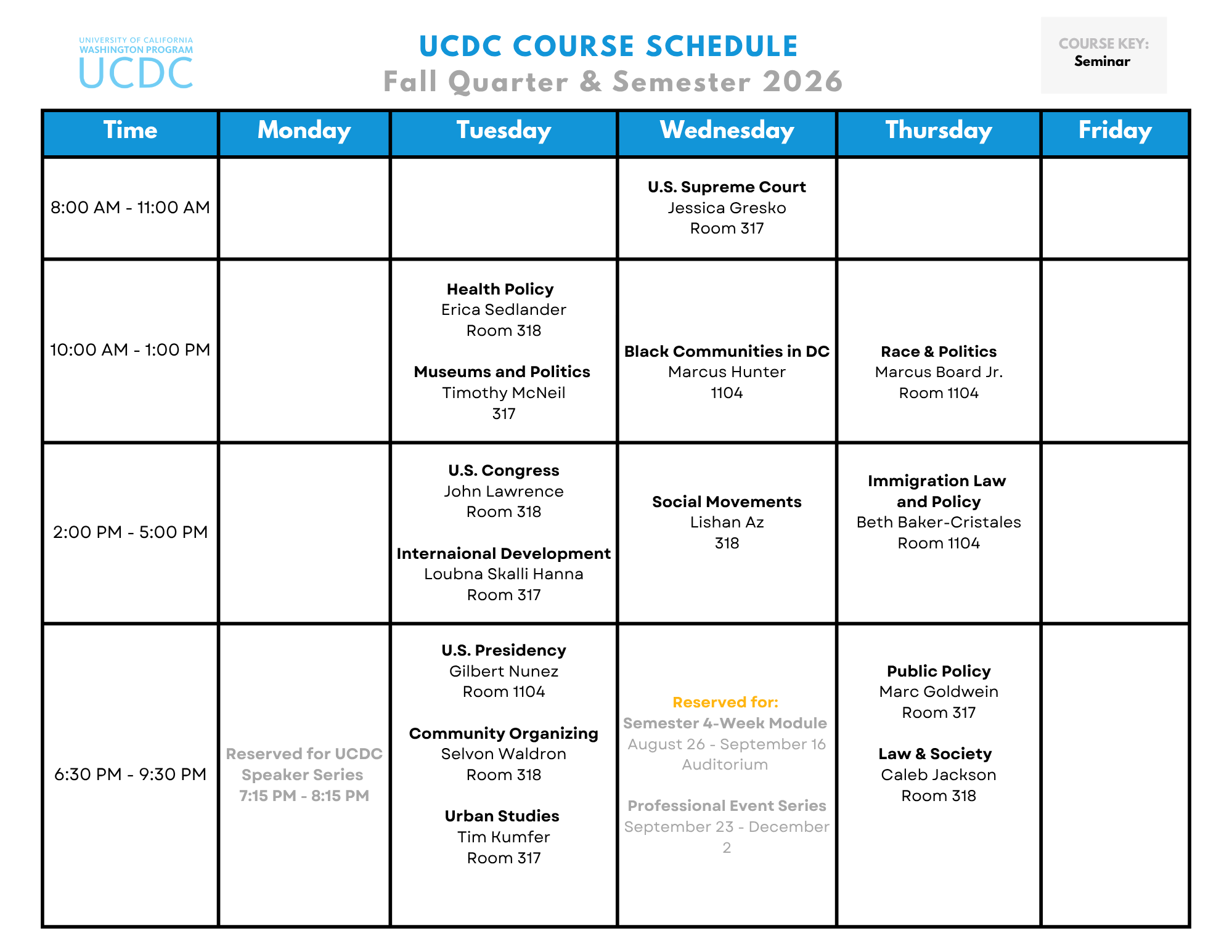 UCDC Fall 2026 course schedule showing seminar offerings by day and time. Classes are scheduled Tuesday through Thursday. There are no classes on Friday.